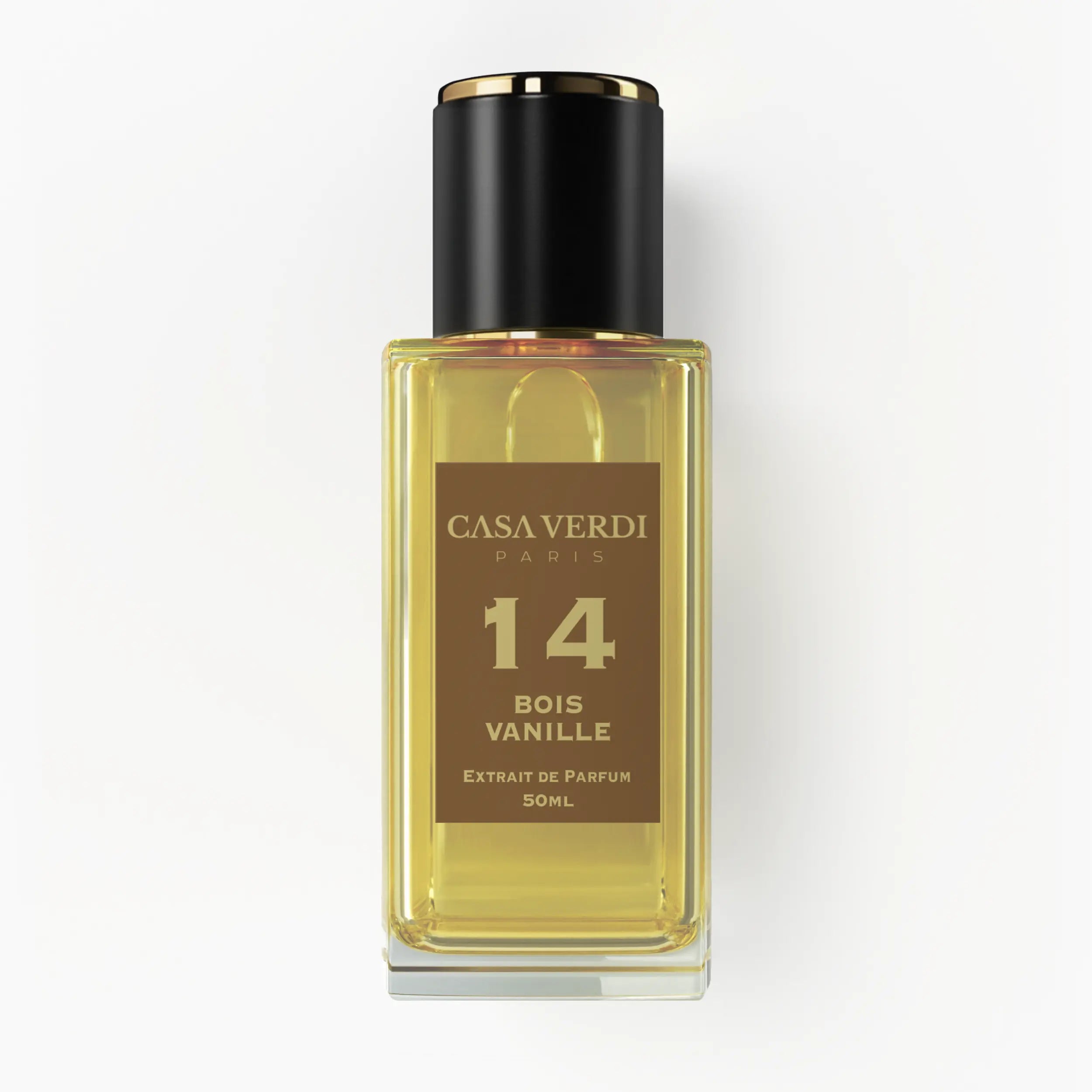 Flacon de parfum Bois Vanille 50ml par Casa Verdi, élixir unisexe aux notes ambrées et boisées